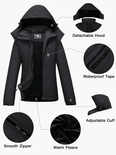 Vista 7 de CAMEL CROWN Chaquetas de esquí de invierno cálidas para mujer, abrigo de nieve impermeable con capucha, chaqueta de lluvia resistente al viento