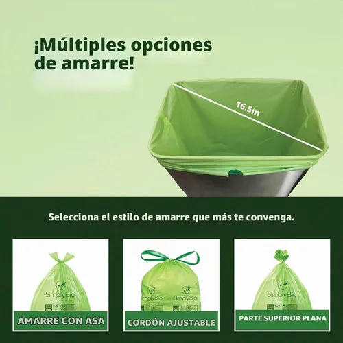 Vista 8 de Simply Bio Bolsas de basura compostables de 13 galones con cordón de cierre, extra gruesas de 1 mil, 49.21 litros, 30 bolsas, bolsa alta de cocina