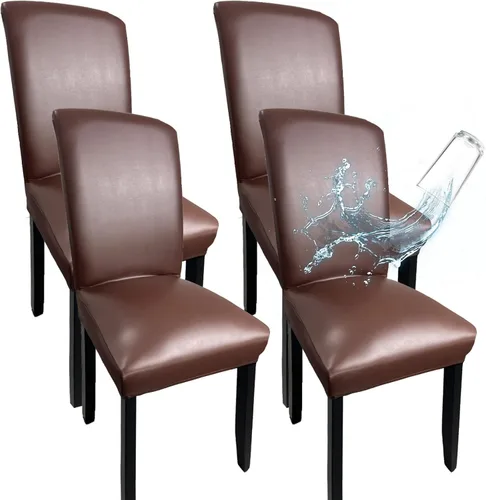 Vista 11 de Fundas de Silla de Cuero para Sillas de Comedor, Juego de 4, Fundas Super Elásticas Impermeables para Sillas de Cocina, Fundas de Silla de Comedor