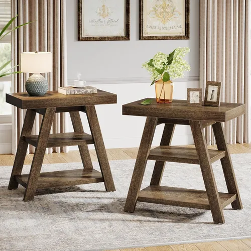 Vista 10 de Tribesigns Mesa auxiliar pequeña de 3 niveles, mesa auxiliar de madera de granja para sofá, mesa auxiliar vintage con almacenamiento para sala