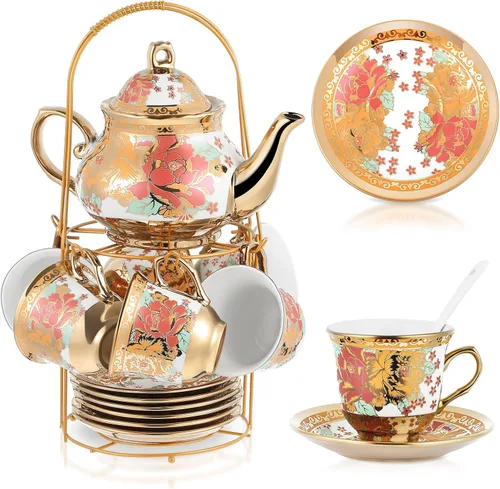 Vista 28 de Zhehao Juego de té de porcelana de 20 piezas con soporte de metal y cuchara para adultos, juego de té de cerámica para adultos, pintura de flores