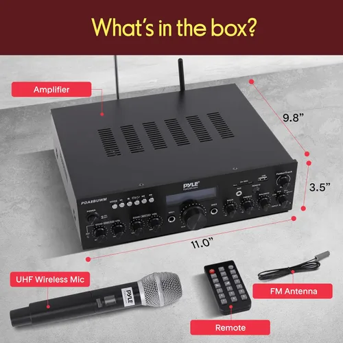 Vista 7 de Pyle Combo de micrófono inalámbrico/amplificador Bluetooth, potencia máxima de 200 W, receptor de audio estéreo de doble canal con USB - Reproductor