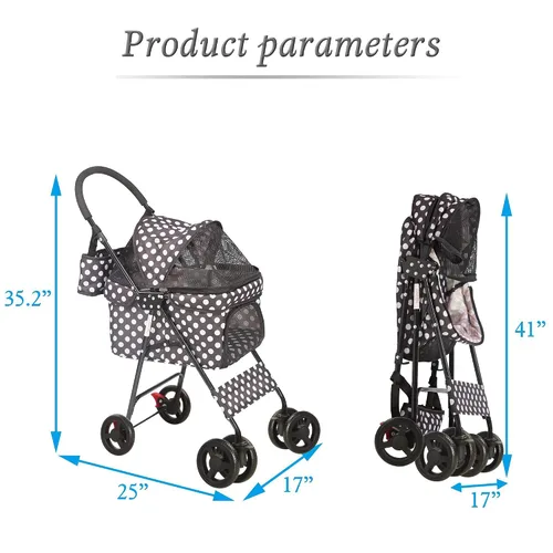 Vista 2 de Cochecito plegable para mascotas de 4 ruedas para gatos y perros pequeños a medianos, color negro