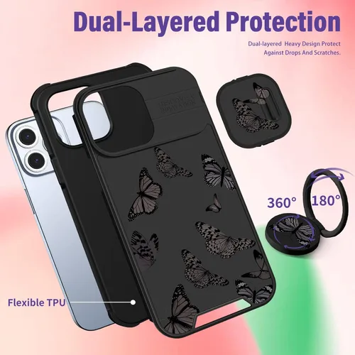 Vista 5 de Funermei Funda 2 en 1 para iPhone 15 Pro con diseño de mariposa para mujeres y niñas, bonita funda kawaii para adolescentes, diseño estético negro