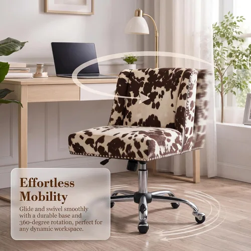 Vista 4 de Silla de escritorio con estampado de vaca, silla giratoria de escritorio con ruedas, silla tapizada para oficina en casa sin brazos para dormitorio