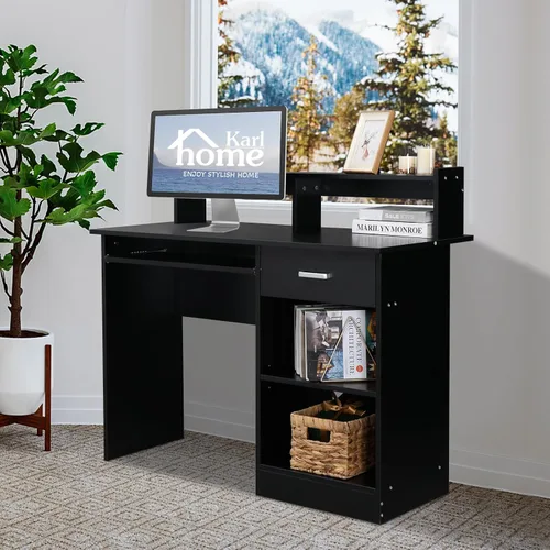 Vista 7 de Karl home Escritorio para ordenador de estudio y escritura, mesa para PC y portátil de madera para oficina en casa con estante de cajón, bandeja