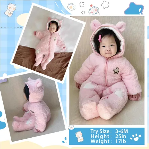 Vista 6 de Fairy Baby Traje de nieve para bebé recién nacido, con oso y mameluco de forro polar grueso, abrigo infantil para niñas y niños de 0 a 12 meses