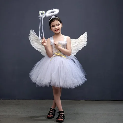 Vista 2 de GuliriFei Disfraz de ángel de Halloween para niñas, incluye alas de plumas, diadema de halo, varita mágica, falda tutú, disfraz de hada