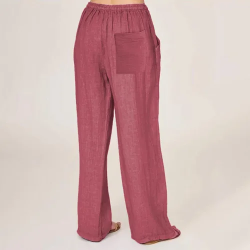 Vista 3 de Pantalones largos casuales sueltos de algodón y lino para mujer, de pierna ancha, con cordón elástico con bolsillo