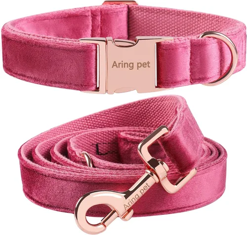Vista 8 de ARING PET Collar y correa para perro, juego de collar y correa de terciopelo para perro, suave y cómodo, collares ajustables para perros