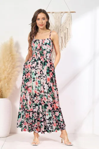 Vista 5 de GRACE KARIN Vestido largo de verano para mujer, casual, sin mangas, con tirantes delgados, volantes, acampanado, para la playa, con bolsillos
