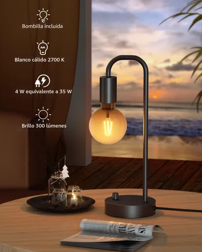 Vista 3 de ONEWISH Lámpara de mesa industrial para dormitorio, lámparas de noche modernas totalmente regulables con bombilla de luz cálida de 2700K