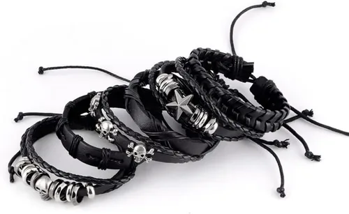 Vista 3 de TURTLEDOVE Pulsera ancha de cuero trenzado - Pulsera punk con calavera para motociclista, rockero