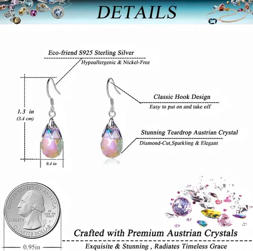 Vista 11 de Aretes colgantes de cristal austriaco con forma de lágrima para mujer, joyería hipoalergénica de plata de ley 925