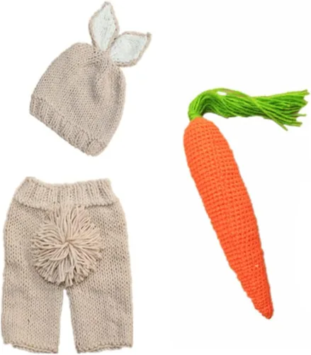 Vista 3 de Accesorios de fotografía para recién nacidos, traje de ganchillo lindo sombrero de conejo, pantalones cortos, rábano, bebé, niña, sesión de fotos