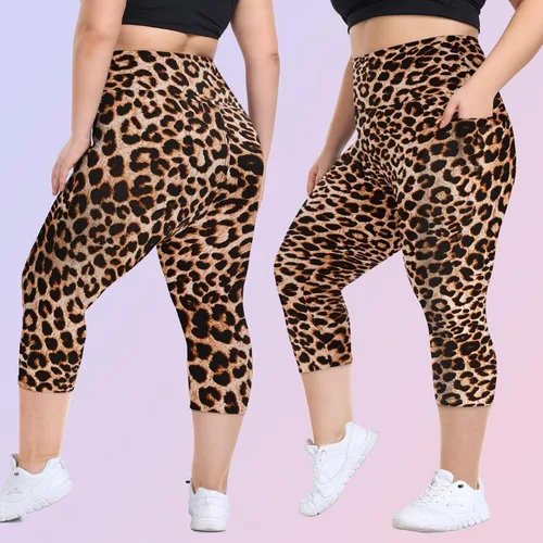 Vista 2 de Happy.angel Leggings de talla extra grande con bolsillos para mujer, pantalones de yoga capri de cintura alta, ajustados, recortados, tallas 3X 4X