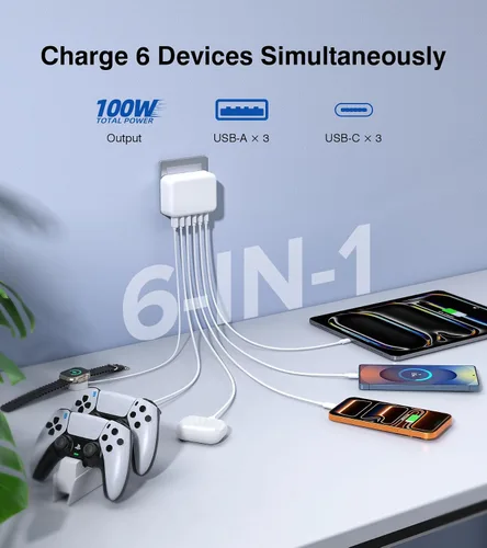 Vista 2 de Bloque de cargador rápido USB de 100W, concentrador de estación de carga rápida de 6 puertos GaN USB plano Multiple USB C Wall Charger Plug