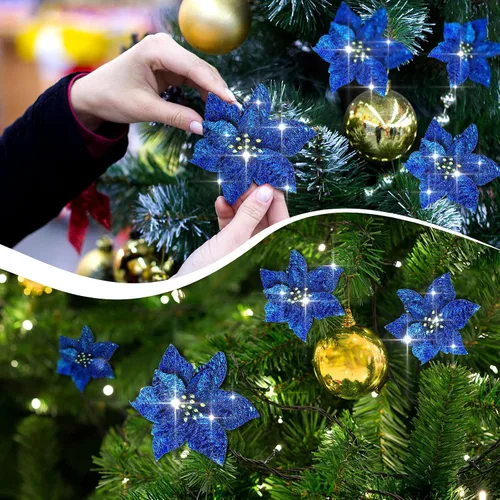 Vista 3 de Syhood 30 Piezas Flores de Pascua con Purpurina de 5.1 Pulgadas Adornos para Árbol de Navidad Flores de Pascua Artificiales para Boda Flores