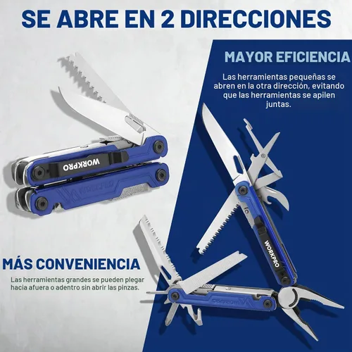 Vista 5 de WORKPRO - Alicates multiherramienta 18 en 1, cuchillo de bolsillo, 2 cerraduras de seguridad, EDC, azul Gifts for Men Dad Women Wife, Stainless