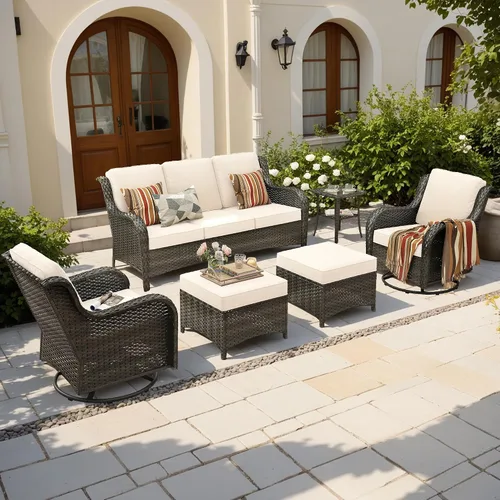 Vista 21 de Juego de muebles de exterior para patio, silla y sofá (ratán marrón, beige, 3 piezas)