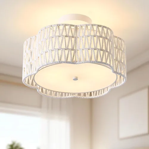 Vista 14 de Lámparas bohemias de 13.6 pulgadas de montaje empotrado, 3 luces de ratán para techo, montaje empotrado dorado para dormitorio, en forma de flor