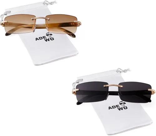 Vista 7 de ADE WU Gafas de sol cuadradas de moda sin montura para hombres y mujeres estilo vintage retro de los años 90 lentes de metal dorado con tintado