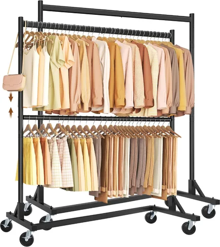 Vista 11 de Hoctieon Estante de doble barra Z, estantes de ropa rodantes con base en Z, perchero ajustable para ropa, perchero de pie para ropa de pie, perchero