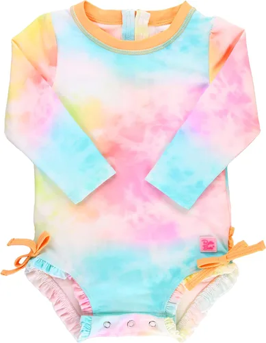 Vista 12 de RuffleButts - Traje de baño de una pieza con protección solar UPF 50+, camiseta de protección floral estampado, manga larga, con cierre zipper