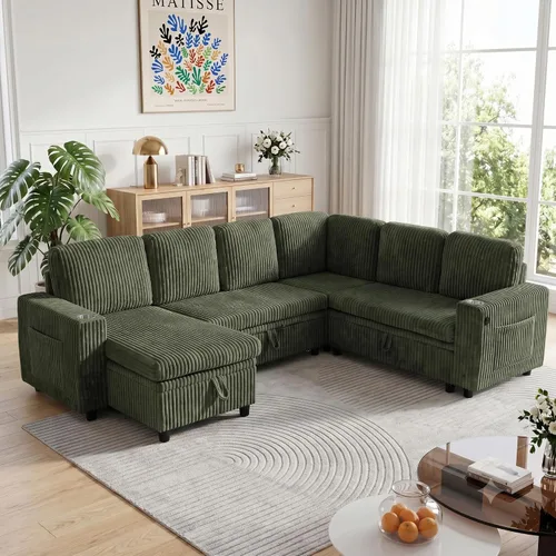 Vista 12 de Sofá cama modular de 103.5 pulgadas con cama extraíble, sofá de gran tamaño con almacenamiento, sofá modular para sala de estar, color beige Negro