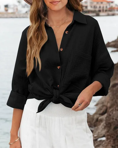 Vista 2 de NOLLSOM Camisas casuales para mujer, blusas de manga larga con botones, color liso, con bolsillo