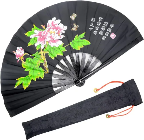 Vista 9 de OMyTea Ventilador de mano plegable grande de bambú para hombres y mujeres, ventilador de mano chino japonés de Kung Fu Tai Chi con funda de tela
