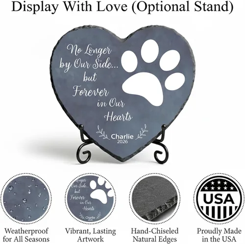 Vista 3 de Piedra conmemorativa personalizada para perro, placa con estampado de pata de corazón de No Longer by Our Lide, regalo de pérdida de mascotas