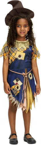 Vista 4 de Disfraz de espantapájaros para niñas, vestido de retazos, sombrero, falda con dobladillos dentados para niños, fiesta de Halloween, juego de rol