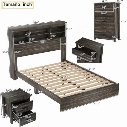 Vista 2 de Conjunto de dormitorio de 4 piezas estilo granja, cama plataforma tamaño queen con 2 mesitas de noche y almacenamiento de 5 cajones, estructura
