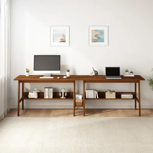 Vista 8 de NELYE Escritorio para 2 personas con estantería, mesa de trabajo de madera extra larga de 79 pulgadas, estación de trabajo para computadora de Nuez