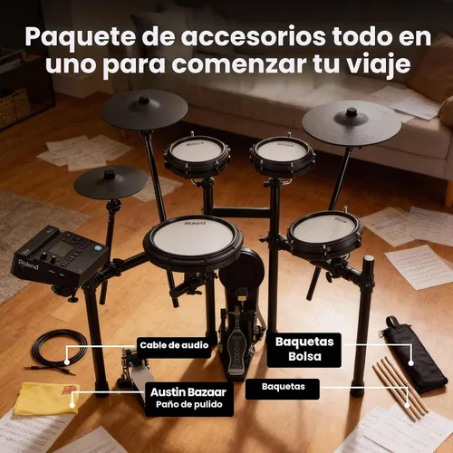 Vista 3 de Roland TD313 V-Drums Electronic Drum Kit Bundle with Audio Cable, Drumsticks, Drumstick Bag, and Austin Bazaar Polishing Cloth 2-Paquete con baquetas