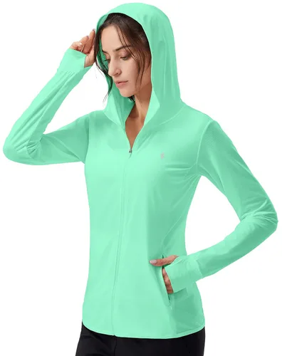 Vista 10 de Soothfeel Chaqueta con capucha y protección solar UPF 50+ para mujer, ligera, de manga larga, con bolsillo, para senderismo al aire libre d-celeste