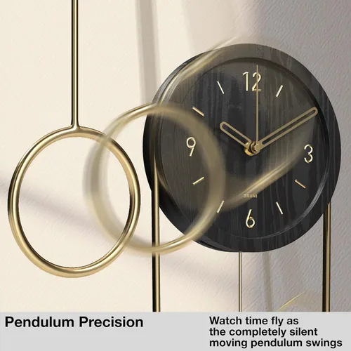 Vista 2 de Driini Reloj de pared decorativo con péndulo (negro) – Madera moderna, números dorados 3D, marco de metal – Relojes de pared pequeños y únicos