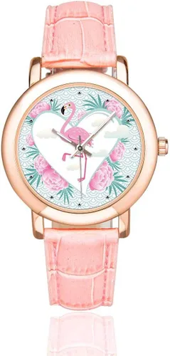 Vista 2 de InterestPrint Funny Flamingo Bird - Reloj de pulsera para mujer, chapado en oro rosa, correa de cuero rosa