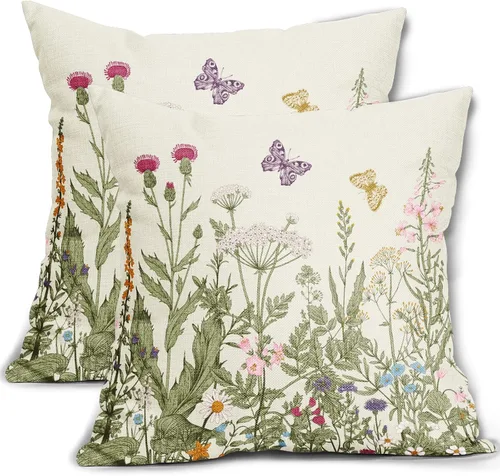 Vista 28 de Juego de 2 fundas de almohada de primavera de 16 x 16 pulgadas, diseño de conejo, flores rosas, hojas verdes salvia, plantas botánicas vintage