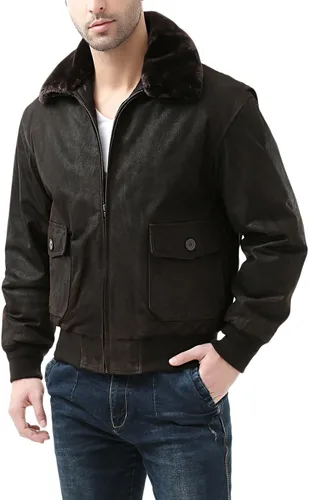 Vista 3 de Landing Leathers Chaqueta bomber de cuero G-1 azul marino para hombre (también disponible en tallas grandes y altas)