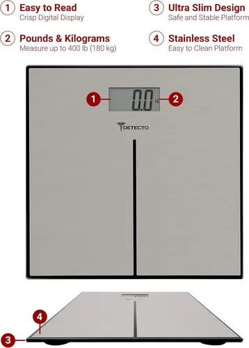 Vista 4 de Detecto D133 Deluxe - Báscula de baño moderna de acero inoxidable, pantalla LCD digital, capacidad de 400 libras