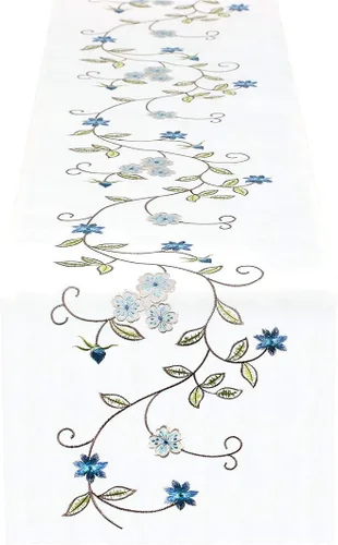 Vista 7 de Caminos de mesa pequeños y cortos de doble grosor con bordado floral rústico para primavera y verano, bufanda de tocador (azul, 14 x 35 pulgadas)