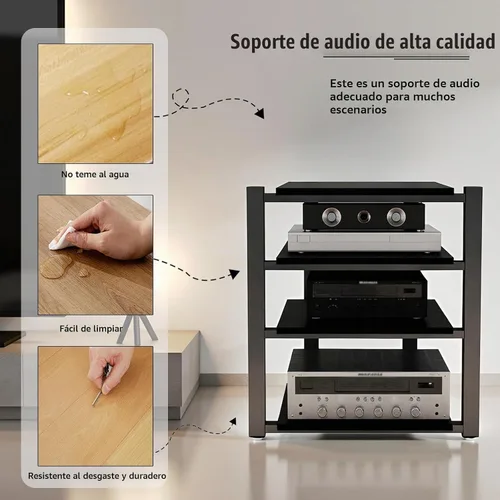 Vista 6 de Av - Estante de audio resistente, soporte para reproductor multimedia con estantes de madera, gabinete de equipo estéreo de CD negro, adecuado