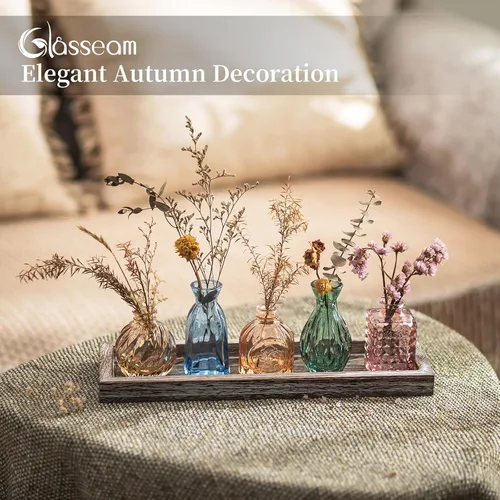 Vista 7 de Glasseam Jarrones de cristal para flor: 5 coloridos jarrones pequeños con bandeja de madera rústica para el hogar, oficina, sala de estar, baño