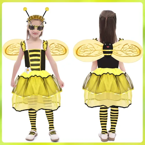 Vista 2 de Latocos Bumble Bee Costume Kids Girls with Tutu Dress Wings Bags Dress Up Pretend Play Birthday Halloween Gifts Ages 3-10