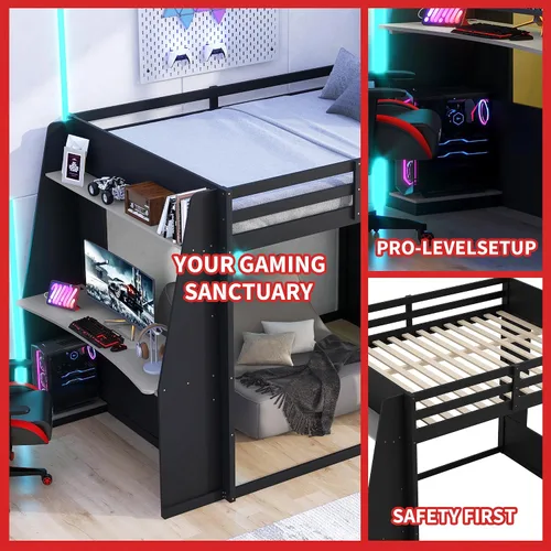 Vista 5 de Polibi Twin Wooden Gaming Bunk Bed with Desk, USB & LED Light