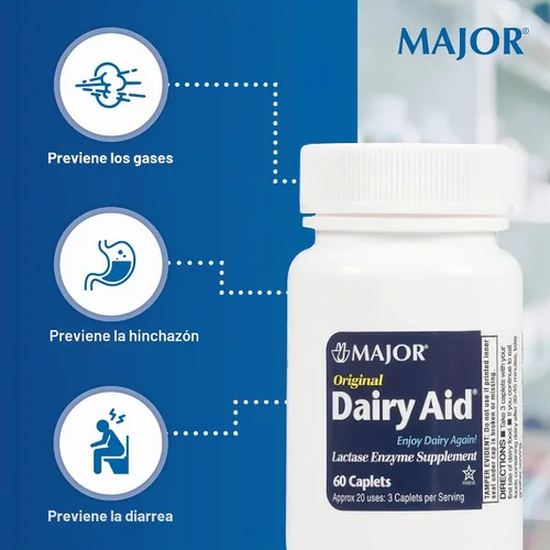 Vista 3 de MAJOR Original Dairy Aid - Suplemento de enzima lactasa - 60 cápsulas (paquete de 1)