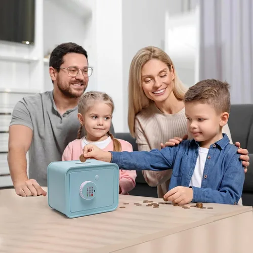 Vista 3 de Mini caja de seguridad pequeña para niños, alcancía para niños y niñas, caja fuerte azul con llave