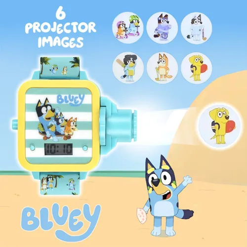 Vista 2 de Accutime Bluey - Reloj de proyector digital para niños con 6 diapositivas de imagen, correa de personaje ajustable, pantalla LCD digital, botón